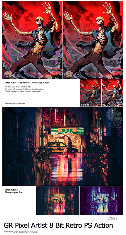 دانلود اکشن فتوشاپ ساخت تصاویر پیکسلی به همراه آموزش ویدئویی از گرافیک ریور - GraphicRiver Pixel Artist 8 Bit Retro Photoshop Action