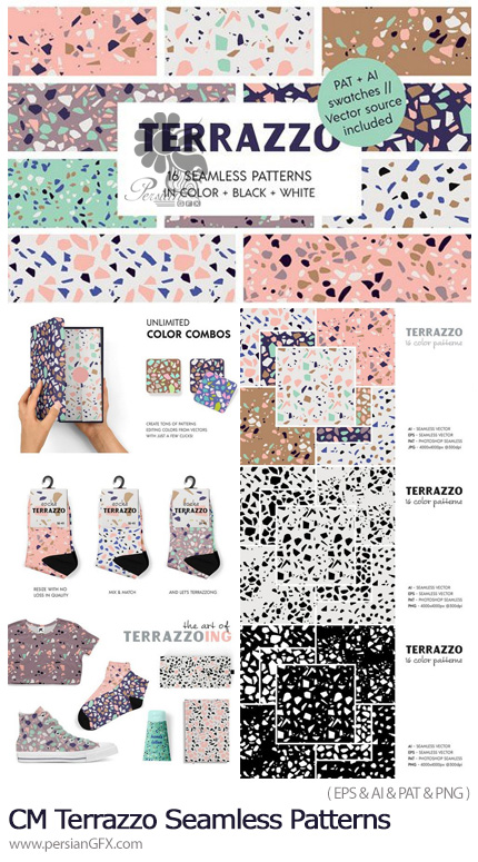 دانلود مجموعه پترن وکتور و فتوشاپ با طرح های رنگی و سیاه و سفید اشکال خرد شده - CM Terrazzo Seamless Patterns