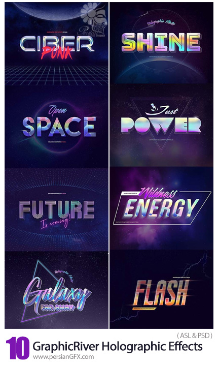 دانلود استایل فتوشاپ با 10 افکت لایه باز هولوگرافی از گرافیک ریور - GraphicRiver Holographic Effects 10 PSD Mockups