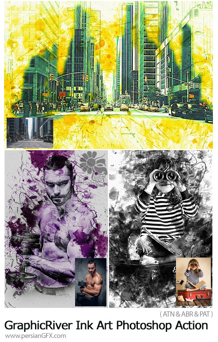 دانلود اکشن فتوشاپ ساخت تصاویر هنری با افکت جوهری از گرافیک ریور - GraphicRiver Ink Art Photoshop Action