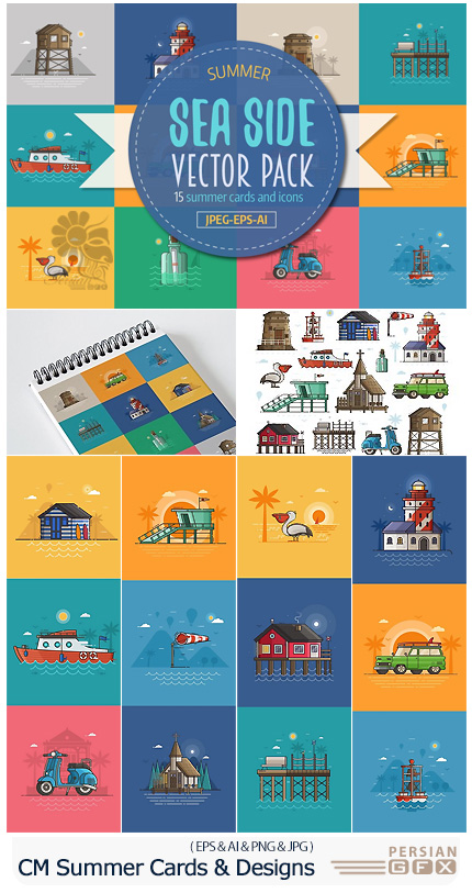 دانلود تصاویر وکتور طرح های کارتونی تابستانی متنوع - CM Summer Sea Side Cards And Designs