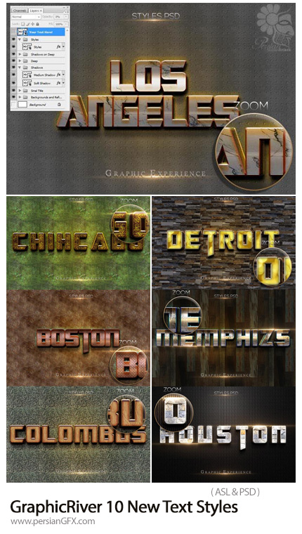 دانلود استایل فتوشاپ با 10 افکت لایه باز متنوع از گرافیک ریور - GraphicRiver 10 New Text Styles