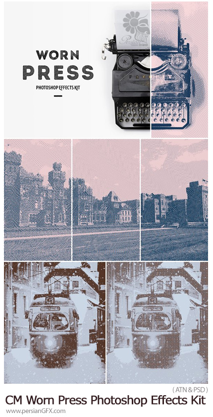 دانلود اکشن فتوشاپ قدیمی کردن تصاویر با افکت ترام - CreativeMarket Worn Press Photoshop Effects Kit