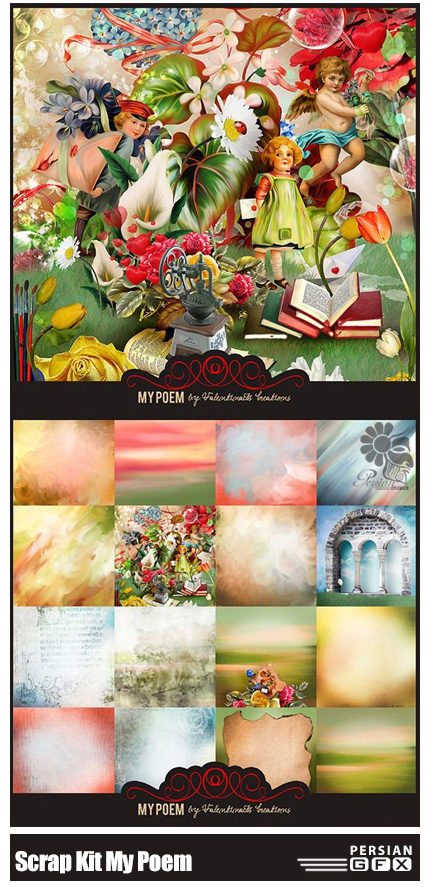 دانلود مجموعه کلیپ آرت عناصر طراحی، تکسچر، بک گراند، المان های تزئینی و ... - Scrap Kit My Poem