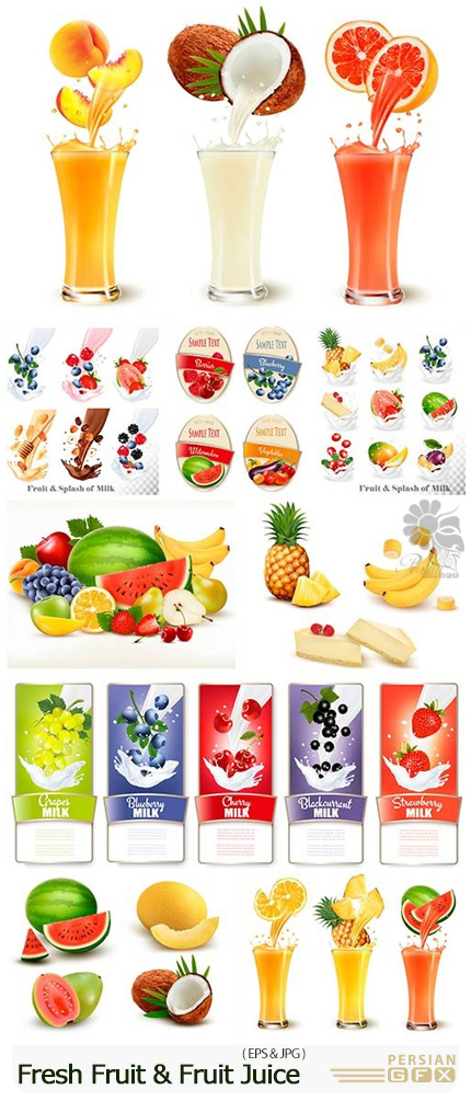 دانلود تصاویر وکتور میوه و آبمیوه های تازه متنوع - Fresh Fruit And Fruit Juice Splash In A Glass