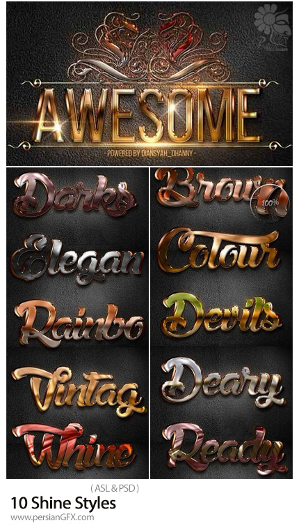 دانلود استایل فتوشاپ با 10 افکت لایه باز متن درخشان - 10 Shine Styles