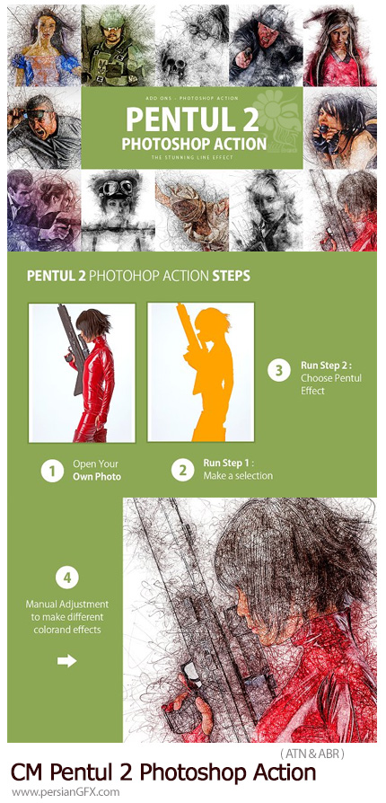 دانلود اکشن فتوشاپ تبدیل تصاویر به طرح خط خطی به همراه آموزش ویدئویی - CreativeMarket Pentul 2 Photoshop Action