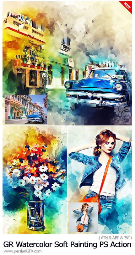 دانلود اکشن فتوشاپ تبدیل تصاویر به نقاشی آبرنگی از گرافیک ریور - Graphicriver Watercolor Soft Painting Photoshop Action