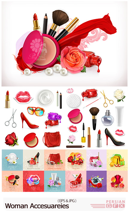 دانلود تصاویر وکتور لوازم جانبی زنانه، لوازم آرایشی، کیف و کفش، عطر و ... - Woman Accesuareies Stock Vectors