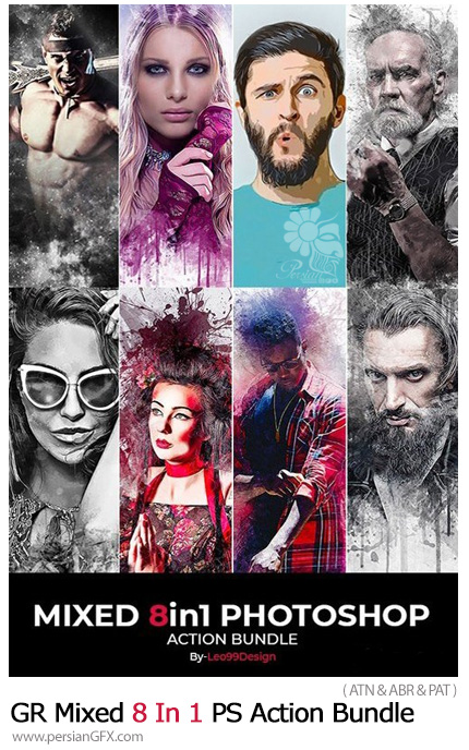 دانلود مجموعه اکشن فتوشاپ با 8 افکت هنری متنوع از گرافیک ریور - Graphicriver Mixed 8 In 1 Photoshop Action Bundle
