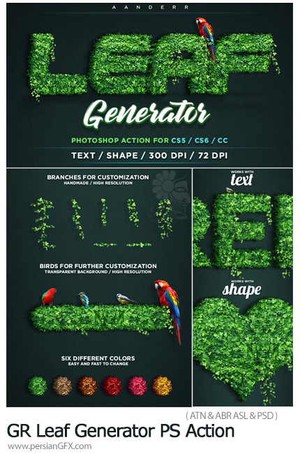 دانلود اکشن فتوشاپ ساخت متن و اشکال پر برگ از گرافیک ریور - GraphicRiver Leaf Generator Photoshop Action