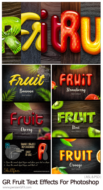 دانلود استایل فتوشاپ با افکت های لایه باز میوه ای از گرافیک ریور - GraphicRiver Fruit Text Effects For Photoshop