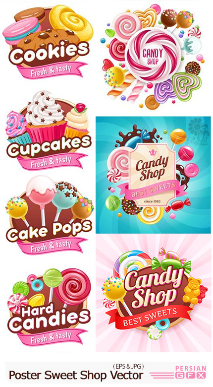 دانلود مجموعه تصاویر وکتور پوستر شیرینی و شکلات های رنگارنگ - Candies Vector Poster Sweet Shop