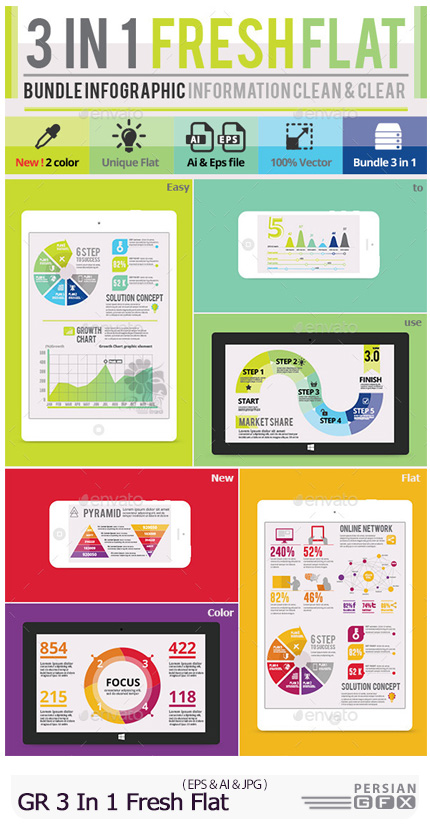 دانلود مجموعه تصاویر وکتور عناصر اینفوگرافیکی متنوع از گرافیک ریور - GraphicRiver 3 In 1 Fresh Flat