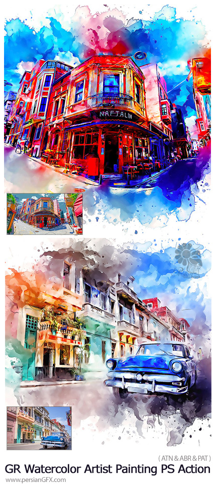 دانلود اکشن فتوشاپ تبدیل تصاویر به نقاشی آبرنگی هنری از گرافیک ریور - GraphicRiver Watercolor Artist Painting Photoshop Action