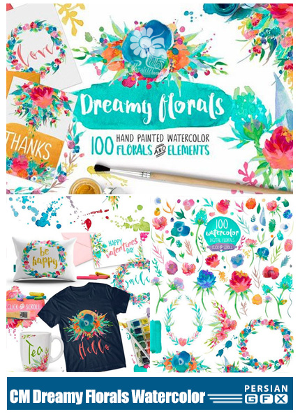 دانلود کلیپ آرت عناصر گلدار آبرنگی، بت و جقه، لکه آبرنگی، فریم گلدار و ... - CM Dreamy Florals Watercolor Bundle