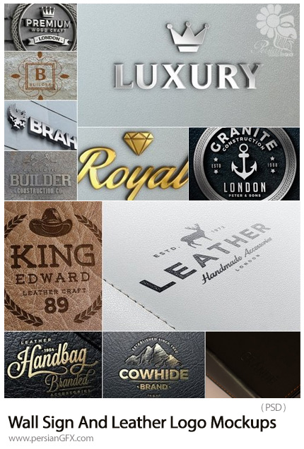 دانلود موکاپ آرم و لوگو بر روی چرم و دیوار - Wall Sign And Leather Logo Mockups