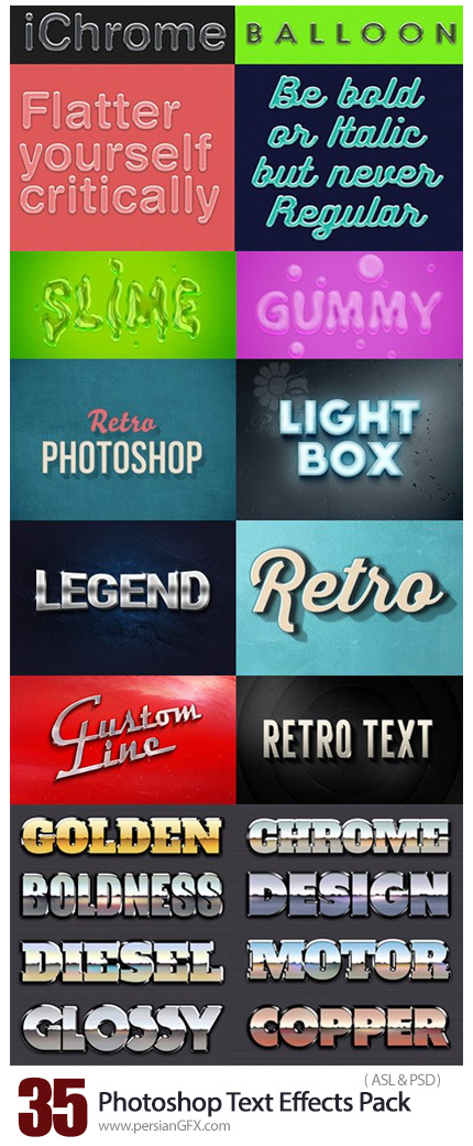 دانلود استایل فتوشاپ با 35 افکت لایه باز متنوع - 35 Photoshop Text Effects Pack