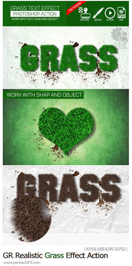 دانلود اکشن فتوشاپ افکت چمن برای متن و اشکال از گرافیک ریور - Graphicriver Realistic Grass Effect Action