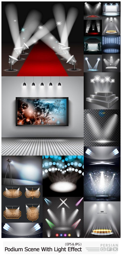 دانلود وکتور صحنه های آماده با نوپردازی متنوع - Podium Scene With Light Effect Decoration Lights Searchlight
