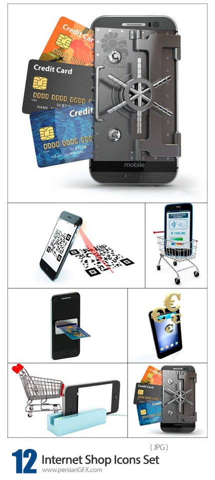 دانلود آیکون های با کیفیت خرید اینترنتی، کارت اعتباری، QR کد و سبد خرید اینترنتی - Internet Shop Icons Set