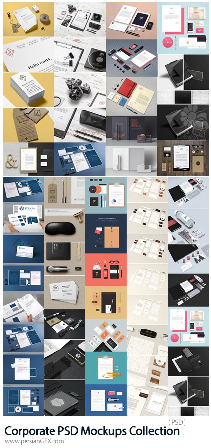 دانلود مجموعه موکاپ ست اداری شامل کارت ویزیت، سربرگ، لیبل، پاکت نامه و ... - Corporate PSD Mockups Collection