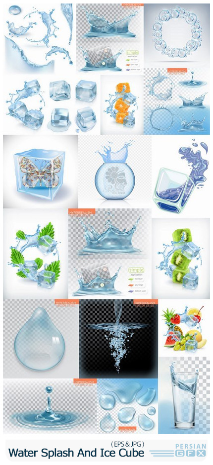 دانلود مجموعه وکتور مکعب های یخ، امواج و قطرات پخش شده آب - Water Splash Ice Cube Background Is Water Droplet A Splash Of Vector Image