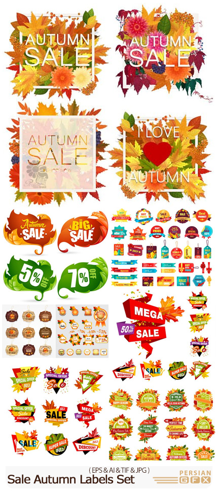 دانلود وکتور لیبل های تخفیف پاییزی - Vectors Sale Autumn Labels Set
