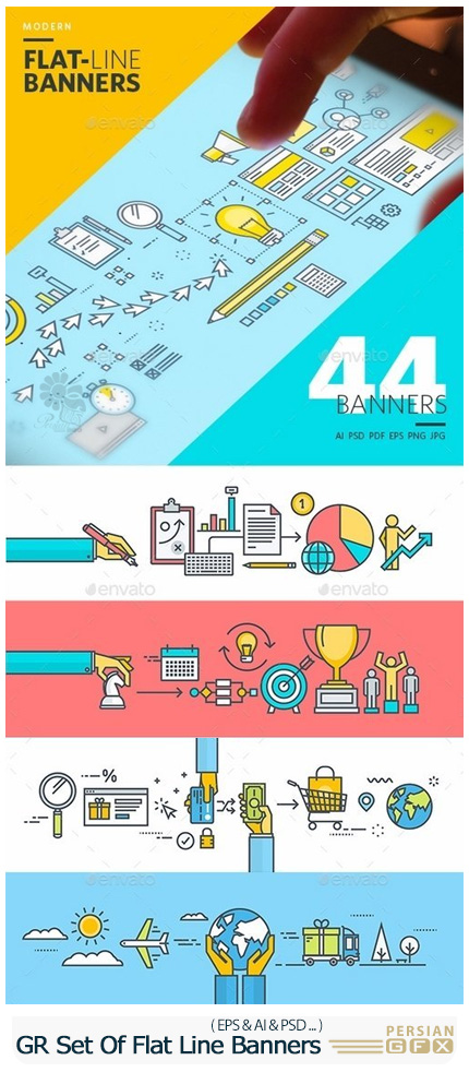 دانلود بنرهای وکتور فلت با طرح های خطی مدرن از گرافیک ریور - GraphicRiver Set Of Modern Flat Line Banners