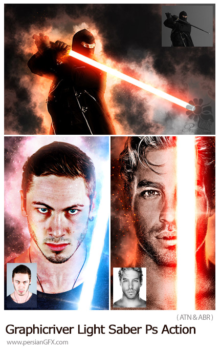دانلود اکشن فتوشاپ ایجاد افکت شیمشیر نورانی بر روی تصاویر از گرافیک ریور - Graphicriver Light Saber Photoshop Action
