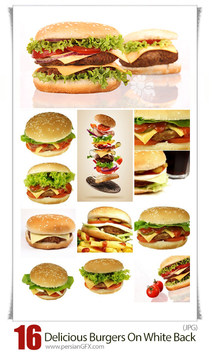دانلود تصاویر با کیفیت همبرگرهای لذیذ با بک گراند سفید - Delicious Burgers Isolated On White Background