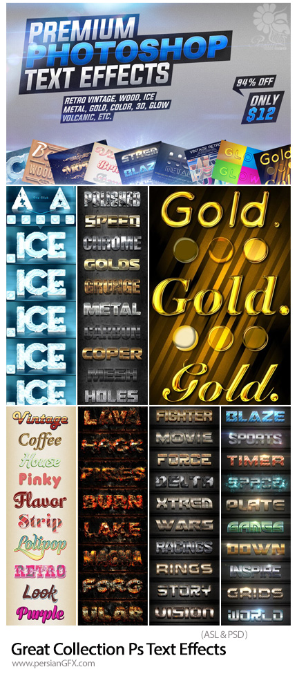 دانلود مجموعه استایل با بیش از 100 افکت متنوع متن - Great Collection Of Premium Photoshop Text Effects
