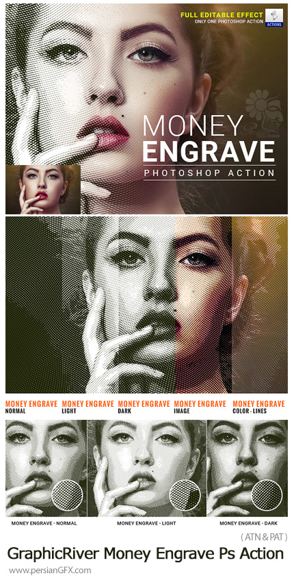 دانلود اکشن فتوشاپ ایجاد افکت بافت پول بر روی تصاویر از گرافیک ریور - GraphicRiver Money Engrave Photoshop Action