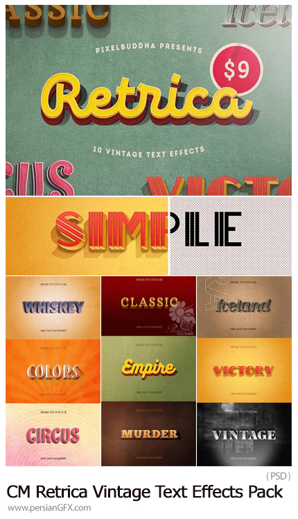 دانلود مجموعه افکت های لایه باز قدیمی برای متن - CreativeMarket Retrica Vintage Text Effects Pack