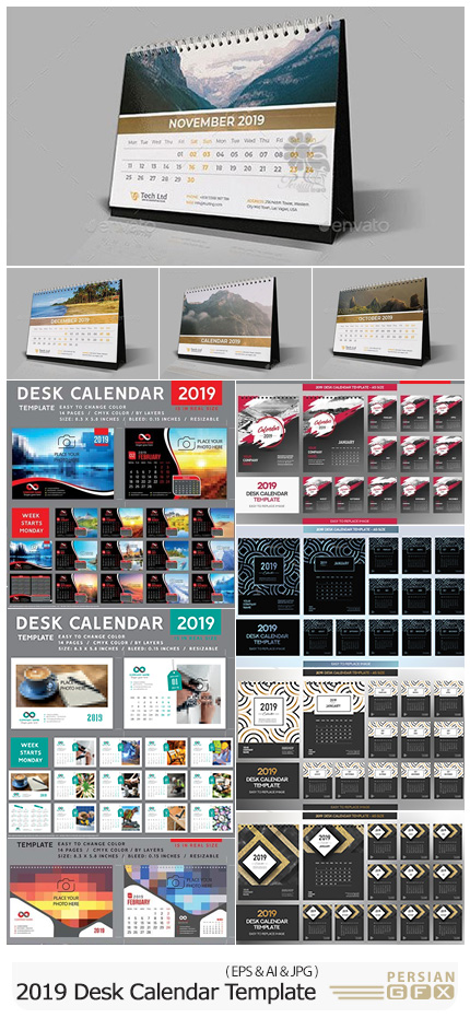 دانلود مجموعه وکتور تقویم های رومیزی 2019 - 2019 Desk Vector Calendar Design Template