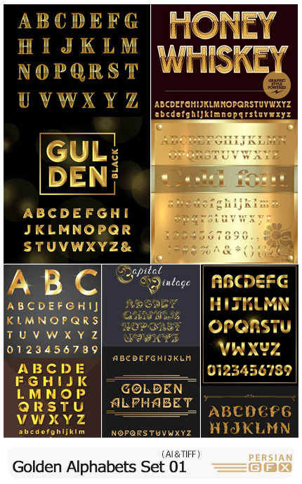 دانلود وکتور حروف انگلیسی با فونت و افکت طلایی متنوع - Vectors Golden Alphabets Set 01