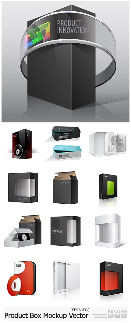 دانلود وکتور موکاپ بسته بندی محصولات مختلف - Product Box Mock-up With A Set Of Useful Creative Design Elements