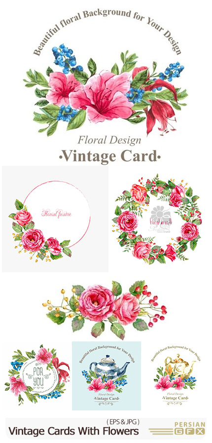 دانلود وکتور کارت پستال های گلدار تزئینی - Vintage Cards With Flowers Vector
