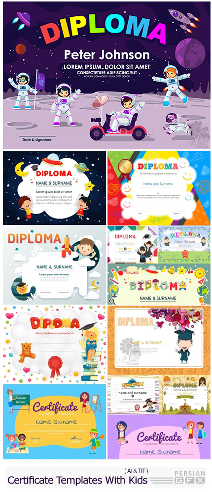 دانلود مجموعه وکتور دیپلم مدرسه با طرح های کودکانه - Vectors Certificate Templates With Kids 02