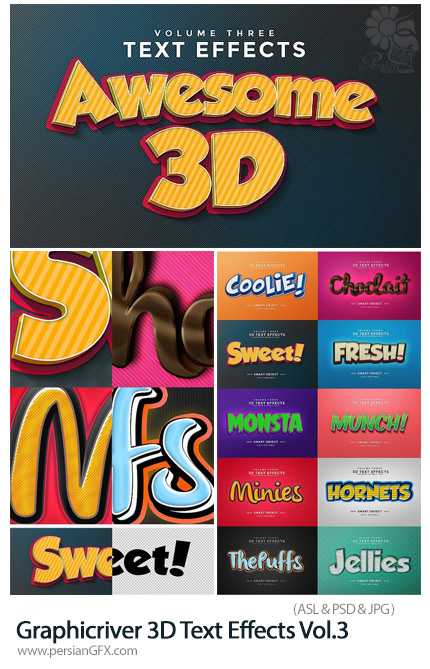 دانلود استایل فتوشاپ با 10 افکت لایه باز سه بعدی متن از گرافیک ریور - Graphicriver 3D Text Effects Vol.3