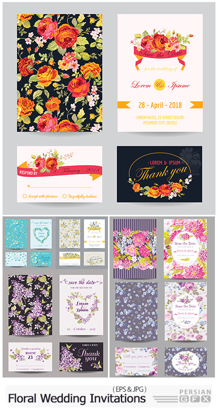 دانلود وکتور کارت های عروسی گلدار متنوع - Floral Wedding Invitations Vector