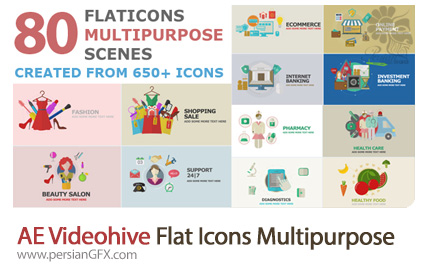 دانلود آیکون های فلت چند منظوره برای ساخت موشن گرافیک در افترافکت از ویدئوهایو - Videohive Flat Icons Multipurpose Scenes