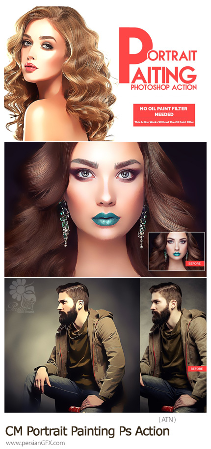 دانلود اکشن فتوشاپ ساخت نقاشی پرتره - CreativeMarket Portrait Painting Photoshop Action