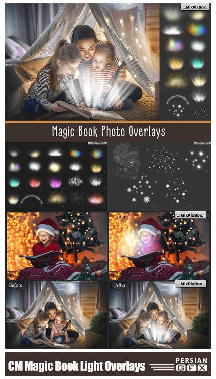 دانلود کلیپ آرت نورهای کتاب جادویی - CreativeMarket Magic Book Light Photo Overlays