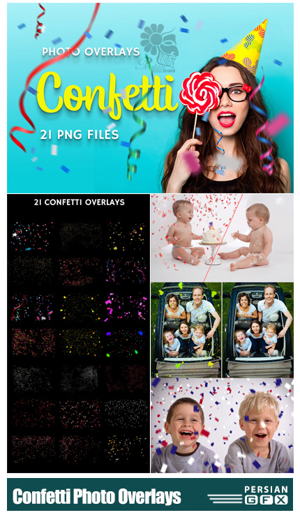 دانلود 21 کلیپ آرت کاغذ رنگی های تزئینی برای جشن ها به همراه آموزش ویدئویی - CreativeMarket 21 Confetti Photo Overlays