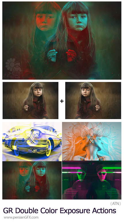 دانلود اکشن فتوشاپ ایجاد افکت دابل اکسپوژر یا ترکیب تصاویر دورنگی از گرافیک ریور - GraphicRiver Double Color Exposure Actions V.01