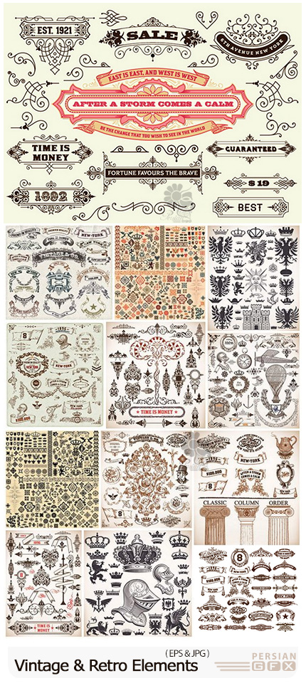 دانلود مجموعه وکتور عناصر تزئینی قدیمی - Vintage And Retro Design Elements