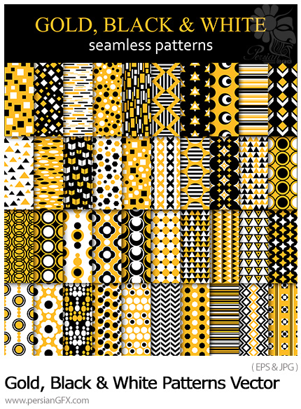 دانلود پترن وکتور با طرح های فانتزی طلایی، سیاه و سفید - Gold, Black And White Seamless Patterns Vector