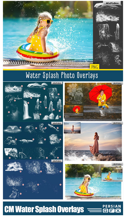 دانلود کلیپ آرت امواج آب، پاشیدن آب، آبشار و ... - CreativeMarket Water Splash Photo Overlays