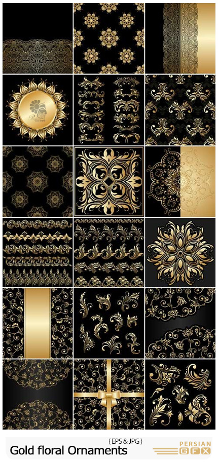 دانلود وکتور عناصر تزئینی گلدار طلایی شامل بت و جقه، حاشیه و گل و بوته در بک گراند مشکی - Gold Floral Ornaments Vector Black Background